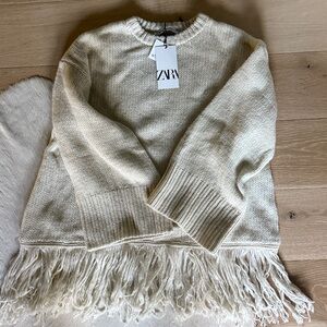 Zara Off-White Knit Sweater with Fringe